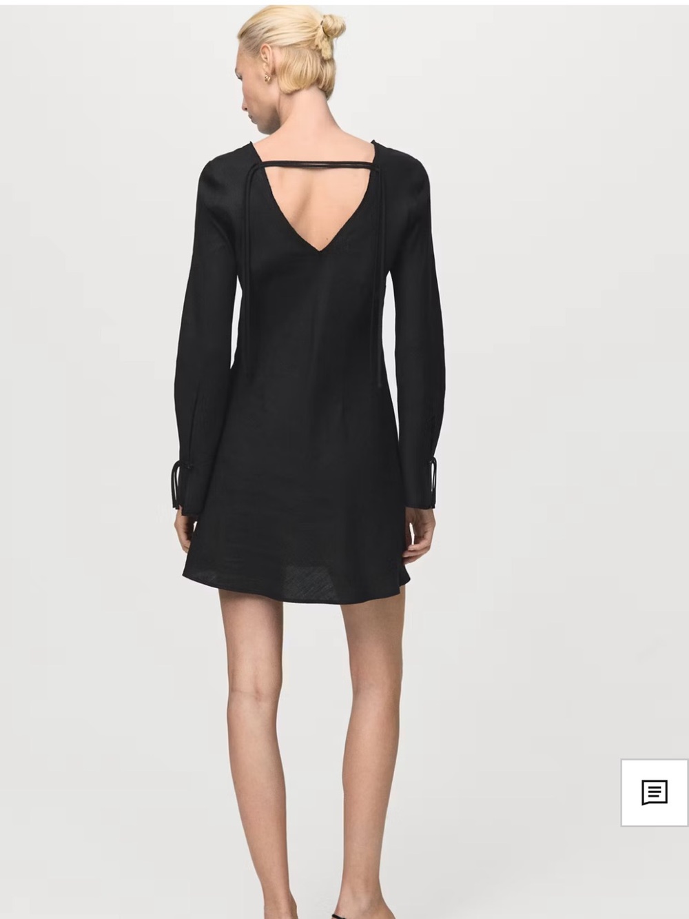 Linen Long-Sleeve Black Tie-Cuff Shift Dress